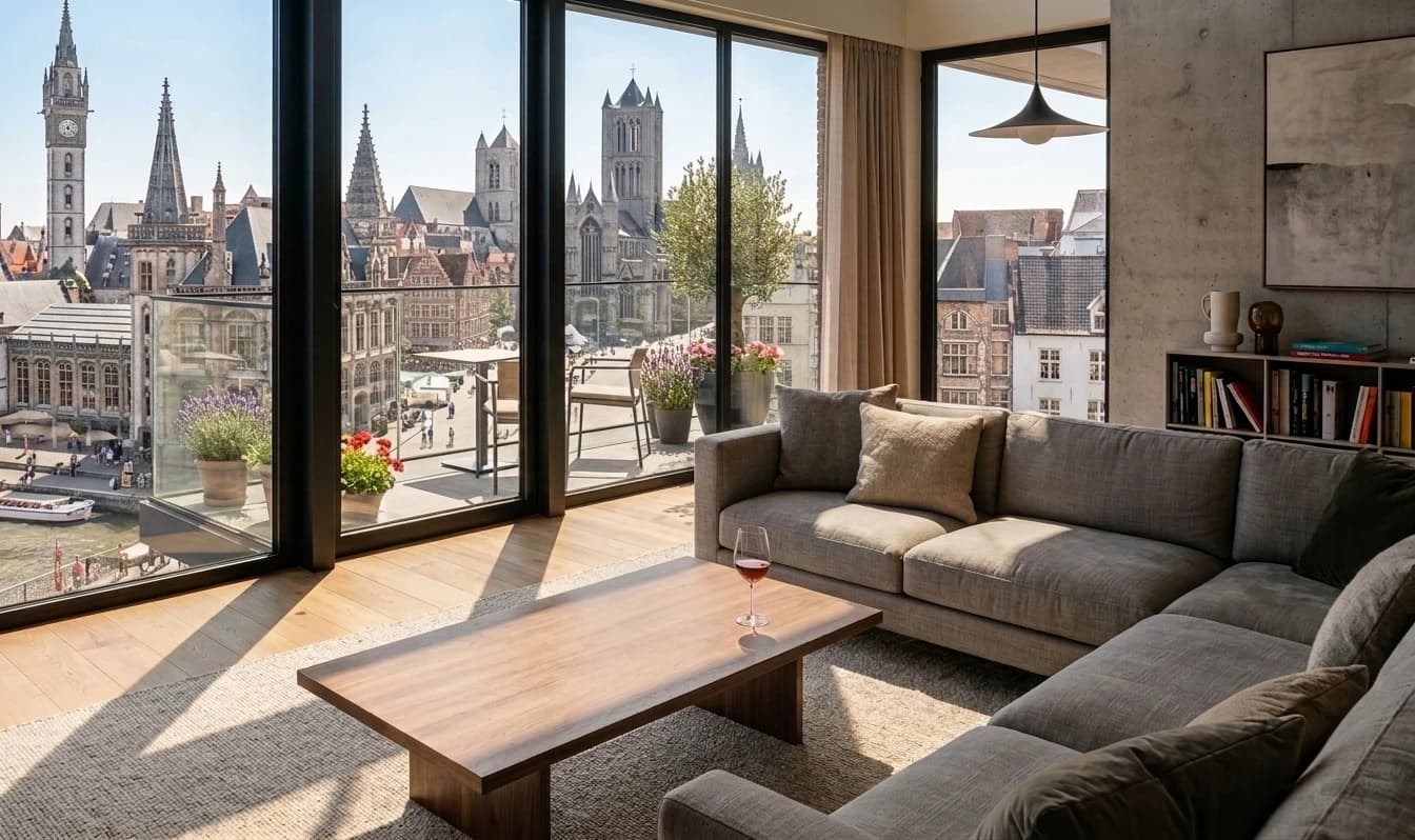 Sunlit apartment overlooking historic city architecture