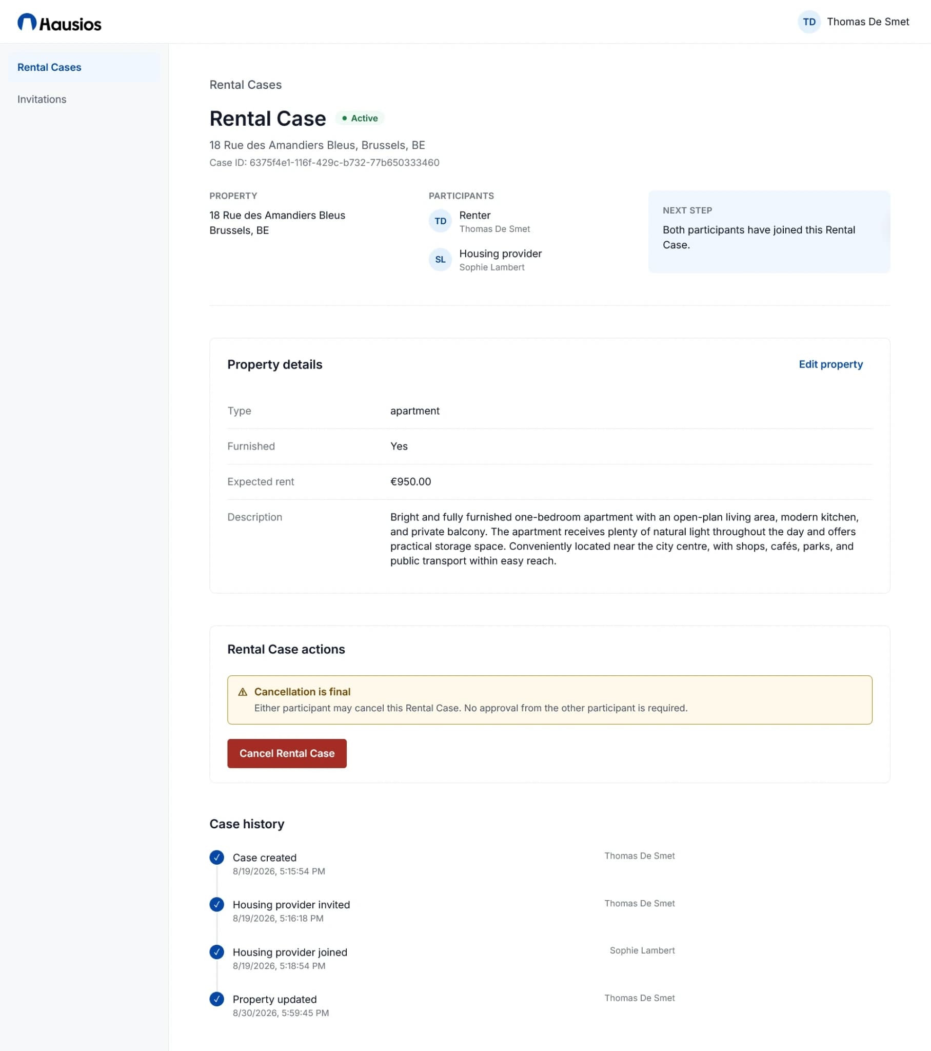 Hausios Rental Case showing property details, participants, actions and case history